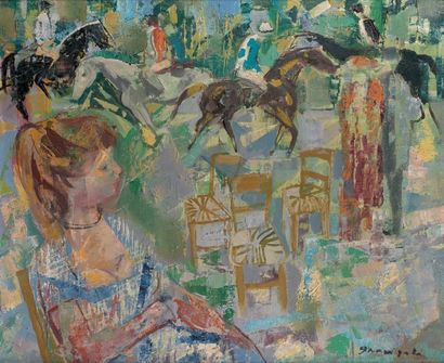 Emilio GRAU-SALA (1911-1975) 
Paddok à Deauville,
Huile sur toile, signée en bas...