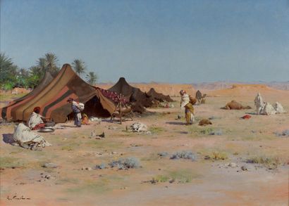 Gustave PINEL (1842-1896) 
Campement de nomades, près de Biskra
Huile sur toile,...