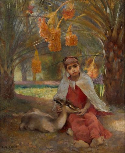 Paul Alexandre A. LEROY (1860-1942) 
Les deux gazelles, jeune arabe dans un jardin...