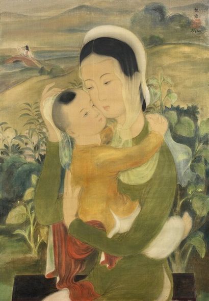 LE PHO (1907-2001) 黎谱 
Mère et enfant
Encre et couleur sur soie, signée et marquée...