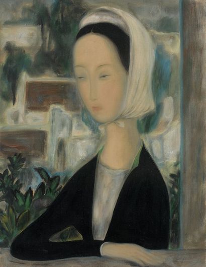 LE PHO (1907-2001) 黎谱 
Jeune femme à la fenêtre
Encre et couleurs sur soie, trace...