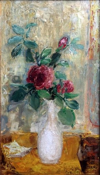 Le Pho (1907-2001) Les roses au vase d'étain
Couleurs et huile sur soie marouflée...