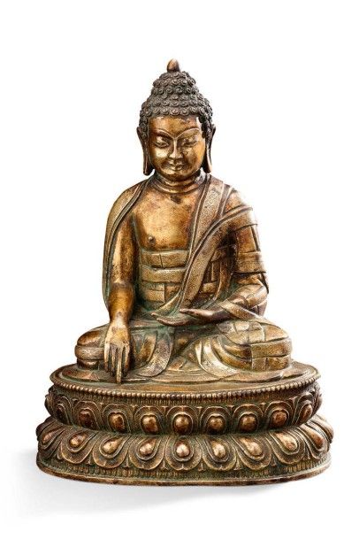 TIBET - XVIIIe siècle Bouddha Shakyamuni
Assis sur un socle au double lotus, faisant...