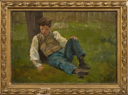 Jules BRETON (1827-1906) Jeune garçon au pied d'un arbre
Huile sur panneau, signée...