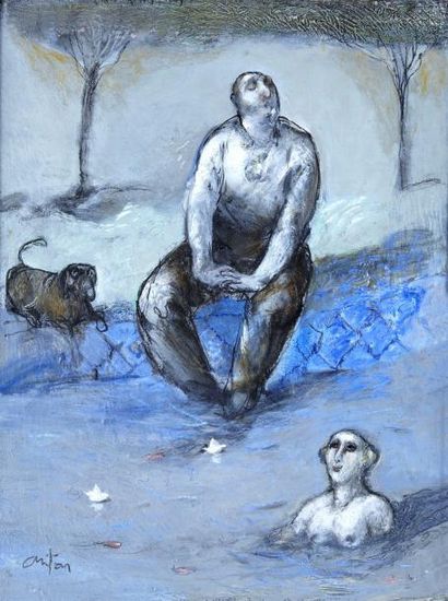 François ANTON (1944) La baignade/Etude d'homme
Huile sur panneau double face, signée...