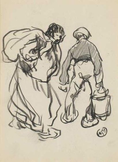 Mathurin MEHEUT (1882-1958) Paysans
Crayon gras sur papier, monogrammé en bas à droite
17...
