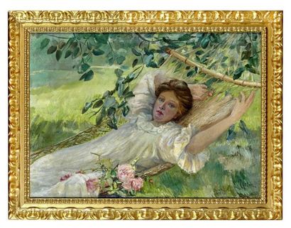 ECOLE FRANCAISE DU XIXème siècle Jeune femme au hamac
Huile sur toile, signée L....