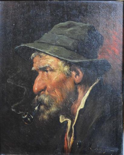 Romana ARREGUI (1875-1932) Portrait d'homme à la pipe Huile sur panneau, signé en...