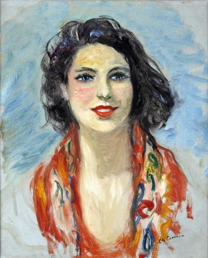 Charles CAMOIN (1879-1965) Brune à l'écharpe rouge, 1938
Huile sur papier contrecollée...