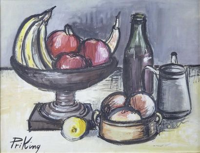 Franz PRIKING (1929-1979) Nature morte à la coupe de fruits
Gouache sur toile, signée...