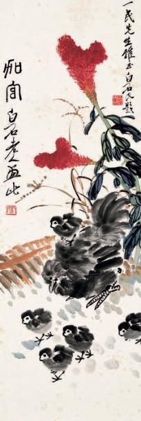QI BAISHI 齐白石 (1864-1957) 
Coq et sauterelles
Peinture, encre et couleurs sur papier,...