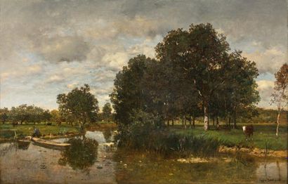 EUGEN JETTEL (1845-1901) 
Paysage à Fontainebleau, 1876
Huile sur panneau, signée,...