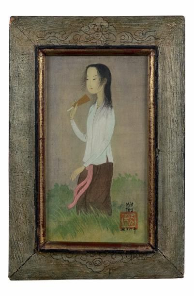 MAI TRUNG THU 梅忠恕 (1906-1980) 
Jeune fille à l'éventail
Encre et couleurs sur soie,...