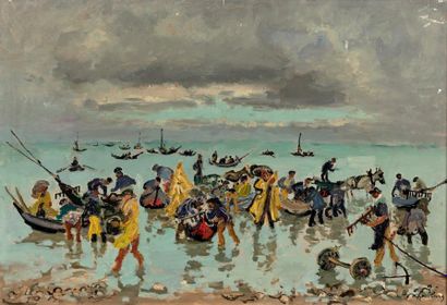 André HAMBOURG (1909-1999) 
Les pêcheurs de moules, Luc-sur-mer, 1958
Huile sur toile,...