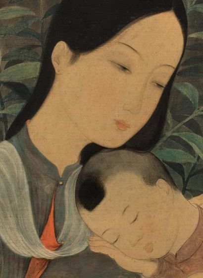 LE PHO 黎谱 (1907-2001) 
Maternité, circa 1937-1938
Encre et couleurs sur soie, signée...