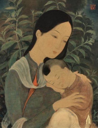 LE PHO 黎谱 (1907-2001) 
Maternité, circa 1937-1938
Encre et couleurs sur soie, signée...