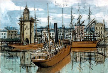 Bernard BUFFET (1928-1999) Bateaux dans le port, 1972 Huile sur toile, signée en...