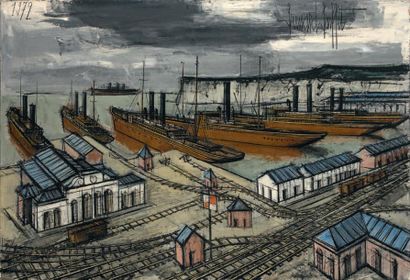 Bernard BUFFET (1928-1999) Bateaux dans le port, 1972 Huile sur toile, signée en...