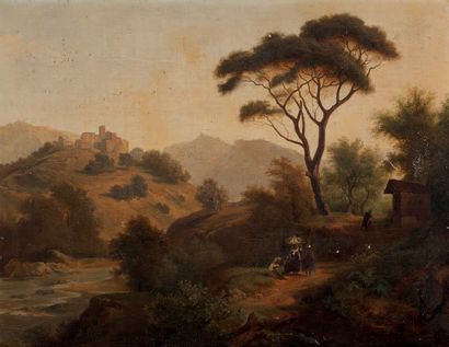 ÉCOLE FRANÇAISE VERS 1820 Paysage avec une bergère
Sur sa toile d'origine
65 x 81...