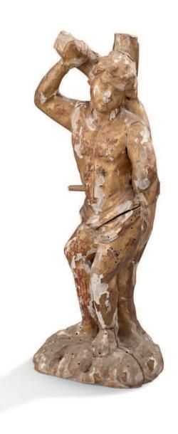 null Petite statuette représentant Saint-Sébastien en bois sculpté doré, trâces de...