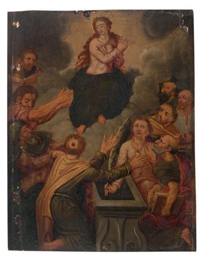 École Flamande du XVIIe siècle L'Assomption de la Vierge
Panneau
26,5 x 19,5 cm
Manques...