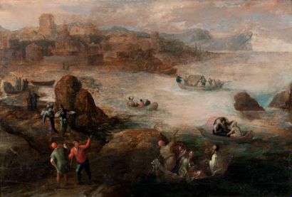 Attribué à Lucas VALCKENBORCH (1535 - 1597) Le départ pour la pêche
Panneau de chêne,...