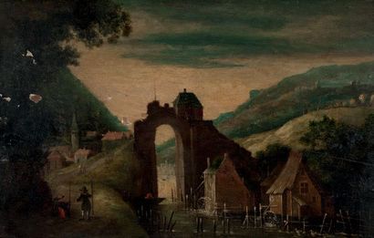 ECOLE FLAMANDE VERS 1680 Paysage de montagnes avec des moulins à eau
Panneau de chêne,...