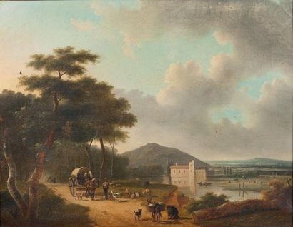 Attribué à Jean François DEMAY (1798 - 1850) Charrette dans un paysage près d'un...