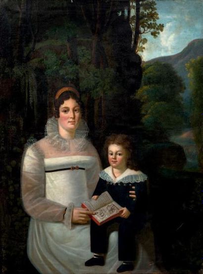 École FRANÇAISE vers 1810 Portrait de femme et de son enfant dans un paysage
Toile
128...