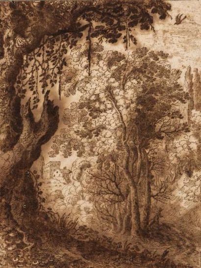 Ecole Italienne du XVIIIe siècle Chasseur et son chien dans un sous-bois
Plume et...