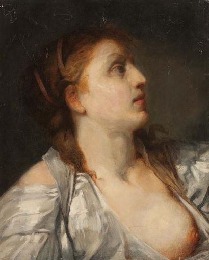 ÉCOLE FRANÇAISE du XVIIIe siècle, suiveur de Jean-Baptiste GREUZE Jeune femme éplorée
Toile
46...