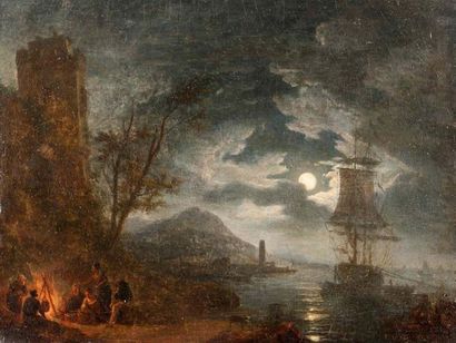 ÉCOLE FRANCAISE DU XVIIIE SIÈCLE, ATELIER DE JOSEPH VERNET Marine au clair de lune
Toile
29...
