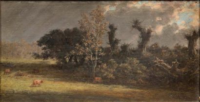 YANN DARGENT (SAINT-GERVAIS 1824 - PARIS 1899) Paysage au troupeau
Panneau de chêne,...