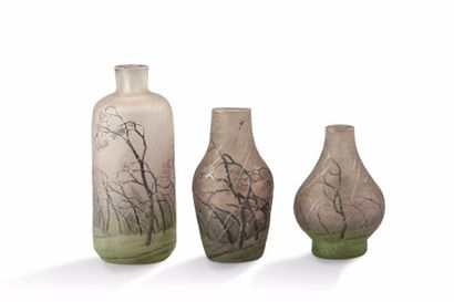 DAUM Nancy 
Suite de trois vases miniatures en verre doublé à décor dégagé à l'acide...