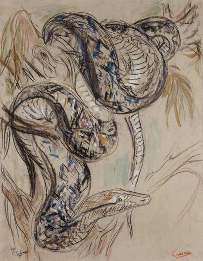 Gustave GUÉTANT (1873-1961) Le serpent
Pastel, aquarelle et crayon figurant un serpent...