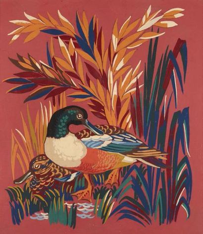 ANDRE DEVECHE (1909-?) Gouache polychrome et son pendant en tapisserie d'Aubusson...