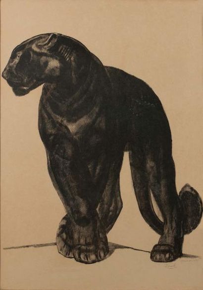 PAUL JOUVE (1878- 1988) Panthère noire de face, pattes croisées. 1929
Lithographie...