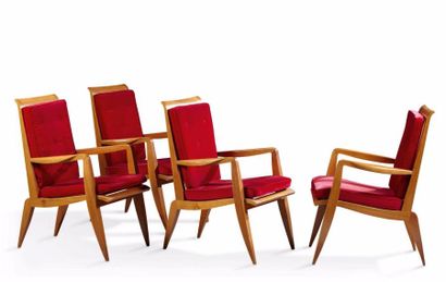 Roger LANDAULT (1919-1983) Suite de quatre fauteuils bridge en merisier et hêtre...