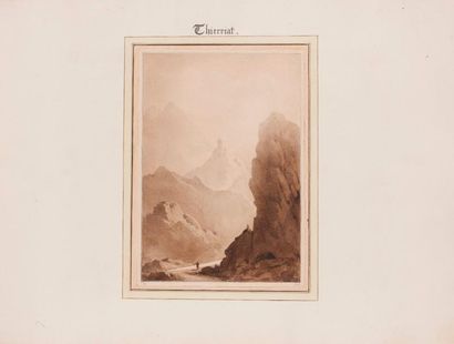 Auguste THIERRIAT (Lyon 1789-1870) Un défilé alpin
Plume et encre brune
Monogrammé...
