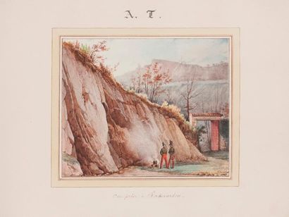 Auguste THIERRIAT (Lyon 1789-1870) La halte des gendarmes à Rochecardon
Aquarelle
Signé...