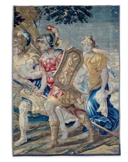 BRUXELLES, Fin XVIIe siècle Fin panneau de tapisserie detourée. Travail à l'aiguille.
Tres...