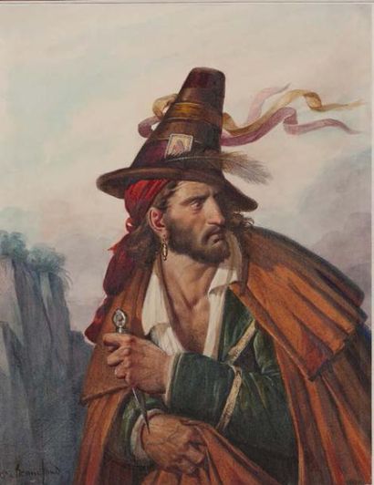 Claude BONNEFOND (Lyon 1796-1860) Le bandit italien
Aquarelle
Signé en bas à gauche...