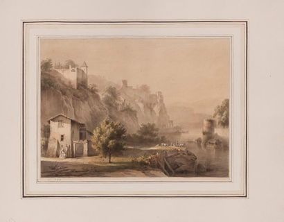 Jean-Jacques de BOISSIEU (Lyon 1736-1810) Paysage à la rivière, et au village sur...