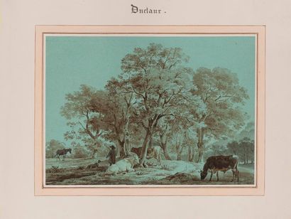 Antoine DUCLAUX (Lyon 1783-Sainte Foy les Lyon 1868) Berger et troupeau dans la chênaie
Plume...