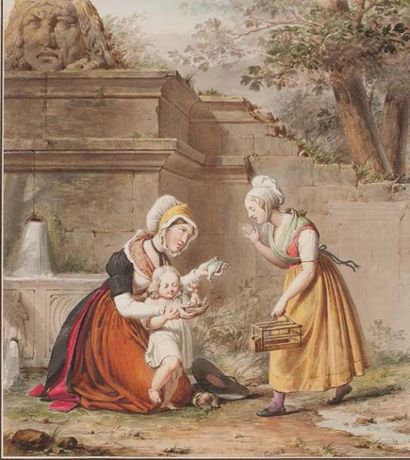 Michel Philibert GENOD (Lyon 1796-1862) L'oiseau mort
Plume et encre brune, aquarelle...