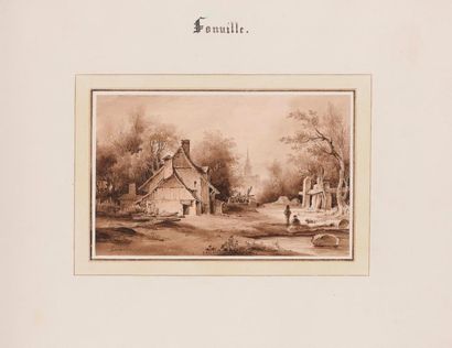 Nicolas Victor FONVILLE (Thoissey 1805-1856) La fermette
Plume et encre brune, lavis...