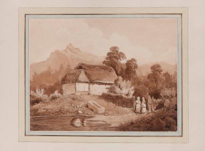P. SOUCHON (Actif en 1833) Une fermette en montagne
Plume et encre brune, lavis brun
Signé...