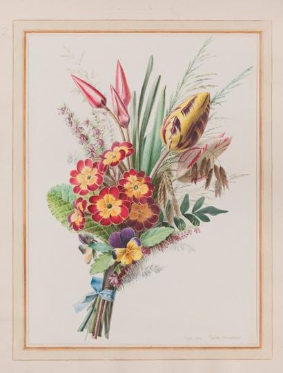 Jules MEUNIER (Actif en 1833) Bouquet de tulipes, pensées et primevères
Aquarelle
Situé,...