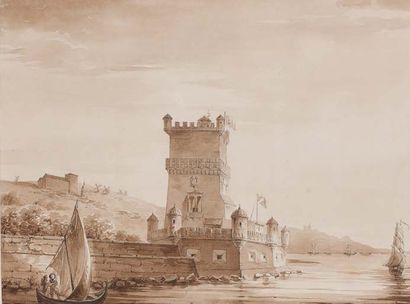 Narcisse ROMAGNESI (Actif au début du XIXe siècle) Vue de la tour de Belem près de...