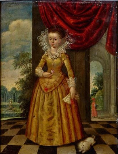 Ecole Flamande vers 1630 Jeune princesse tenant une fleur à l'intérieur d'un palais
Cuivre...